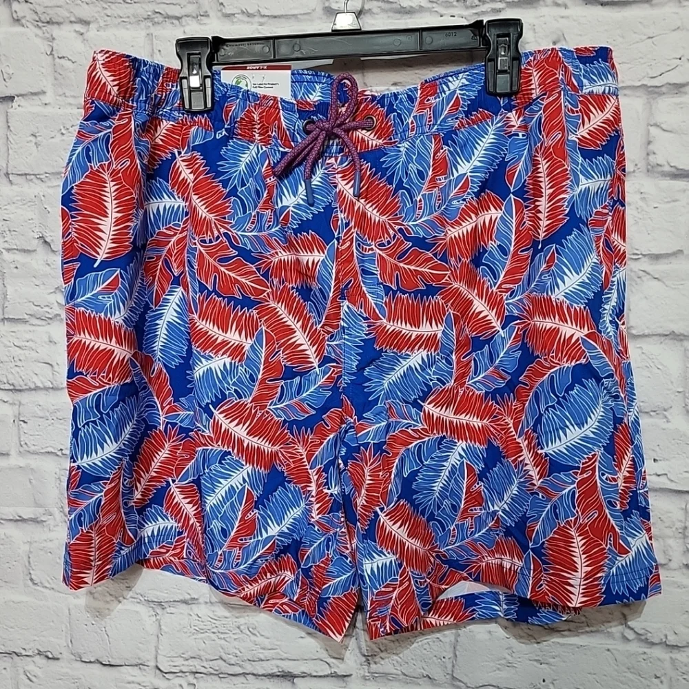 Men's Resort Swim Trunks X-Large‎ Lined Red Blue Leaf Print Drawstring Quick Dry